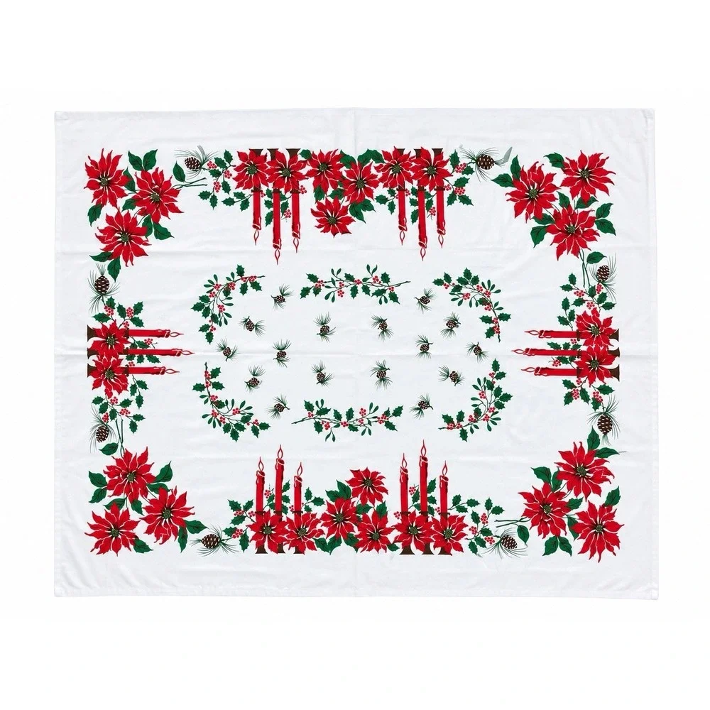 Vintage Christmas Tablecloth 52x60 Poinsettia Holly Candle Pinecone Holiday